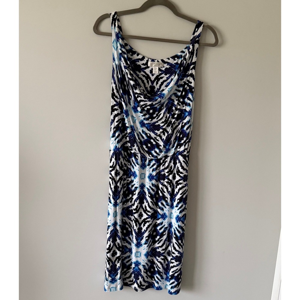 Kenar Blue White Abstract Ikat Cowl Neck Sleeveless Sheath Dress Med Beach Artsy